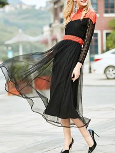 Shop Black Contrast Orange Mesh Lace Gauze Dress online. SheIn offers Black Contrast Orange Mesh Lace Gauze Dress & more to fit your fashionable needs. Mesh Maxi Dress, Gauze Dress, Floral Lace Dress, Elegant Dress, Dress Online, Elegant Fashion, Swing Dress, Stand Collar