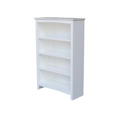 an empty white book shelf against a white background