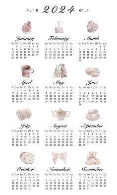 a calendar with different items on it for the year 2012 - 2013, including tea cups and saucers