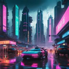 a futuristic city at night with neon lights and cars on the street in front of tall buildings