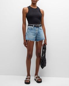 FRAME "Le Brigette" shorts featuring a raw hem in faded lightwash denim     High rise    Fivepocket style    Relaxed fit    Midthigh length    Button/zip fly; belt loops     Cotton    Machine wash cold, inside out     Imported Carolina Herrera, Alexander Mcqueen, Maison Francis Kurkdjian, Pre Fall Collection, Daytime Dresses, Ulla Johnson, Trending Now, Trending Shoes, Neiman Marcus