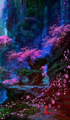 a painting of trees and water with pink flowers