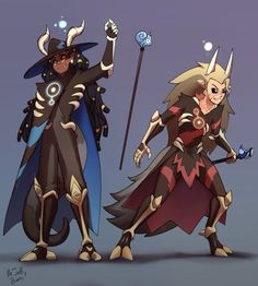 two cartoon characters dressed in costumes with horns and holding swords, standing next to each other