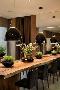 a wooden table topped with lots of potted plants next to black lamps and windows