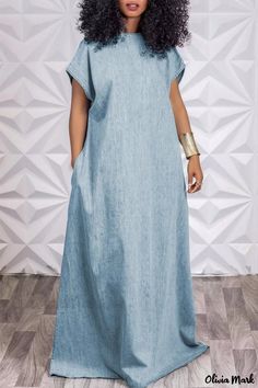 Olivia Mark - Vestido vaquero azul marino clásico - Estilo atemporal con manga corta y diseño casual de cuello en O Vacation Dresses Casual, Short Sleeve Denim Dress, Denim Style Casual, Short Sleeve Denim, Blue Denim Dress, Denim Maxi Dress, Estilo Denim, Looks Plus Size, Casual Skirts