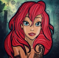 a drawing of a woman with red hair and tattoos on her chest, looking at the camera