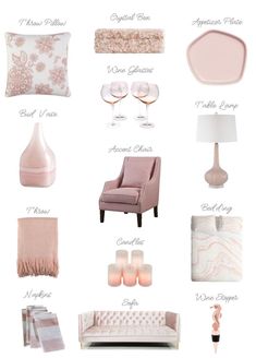 a pink and white color scheme with the names of different items in each part of the image