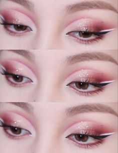 Lips Ideas Makeup, Pear Shaped Outfits Goth, White And Pink Makeup Looks, Pink Flower Eye Makeup, Egirl Makeup Soft Pink, Red Pink Eye Makeup, Lilac Douyin Makeup, Pink Valentine’s Day Makeup, Euphoria Pink Makeup