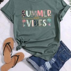 Women's Summer Vibes Round Neck T Shirt New Summer Tshirt Designs, Printed Tee Women, Black Tunic Tops, Tropical Shirts, Cute Preppy Outfits, Round Neck Tees, Top Shirt Women, Leopard Print Top, Casual Tank Tops