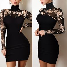 New Sexy Black Evening Dress Lace Stitching Tight Mini Skirt Long Sleeve See Through Office Ladies Elegant Short Skirt Part Easy 30 day return policy 2022 Trends Fashion, Tight Long Sleeve Dress, Sheer Mesh Bodycon Dress, Long Sleeve Dress Winter, Silk Party Dress, Womens Fall Dress, Mesh Bodycon Dress, Womens Floral Dress, 2022 Trends