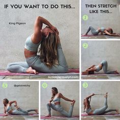 a woman doing yoga poses on her stomach