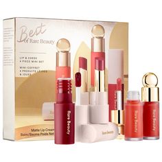 Best of Rare Beauty Lip & Cheek Set - Rare Beauty by Selena Gomez | Sephora Rare Beauty Lip, Penyimpanan Makeup, Rare Beauty By Selena Gomez, Mini Makeup Bag, Makeup Gift Sets, Matte Lip Cream, Beauty Balm, Mini Makeup, Cream Lipstick