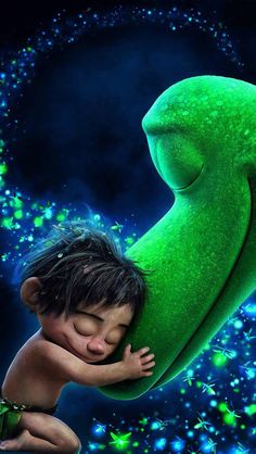 the poster for disney's live - in - the - sky movie, which features a young boy hugging a large green creature