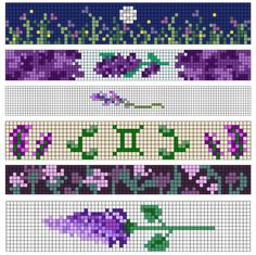 four cross stitch designs with flowers and letters