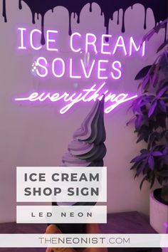 an ice cream shop sign with the words ice cream solves everything in purple and white