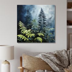 a living room scene with focus on the ferns and blue sky canvas wall art print