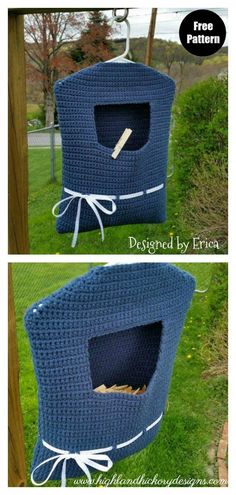 two pictures of a blue crocheted dog house