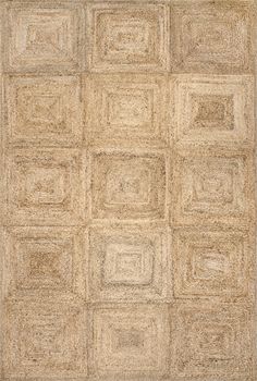 an area rug with squares and rectangles in beige tones on a white background