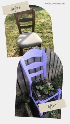 a chair that has been turned into a planter with moss growing on it and before