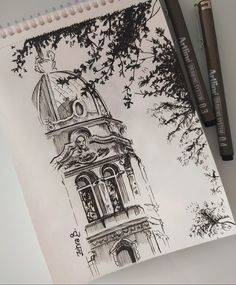 a drawing of a clock tower with trees in the background and two markers next to it