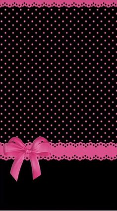 a black and pink polka dot background with a bow on the top, and dots in the bottom