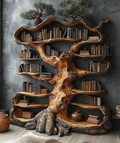 a book shelf made out of tree branches
