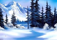 a painting of a snowy mountain scene with pine trees