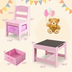 the toy table and chair are shown with measurements