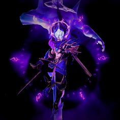 an animated character holding two swords in front of a dark background with purple and blue lights