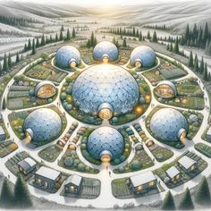 an artist's rendering of a futuristic city in the middle of a circular garden