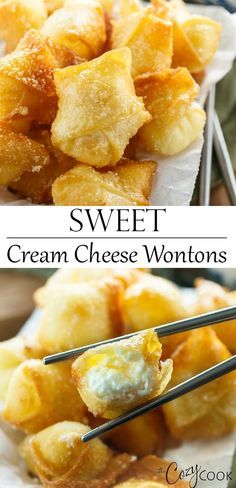 sweet cream cheese wontons with chopsticks on top and in the middle