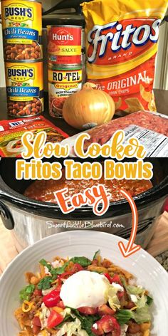 the ingredients to make slow cooker taco bowls are shown in this image, and on