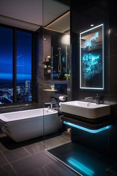 a bathroom with a bathtub, sink and large window overlooking the city at night