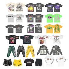 various t - shirts and shorts are shown in this image