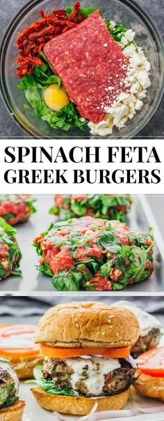 spinach feta and greek burgers with lettuce, tomato sauce, cheese, meat