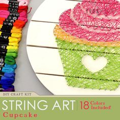 the string art cupcake is made with yarn and thread, it's ready to be finished