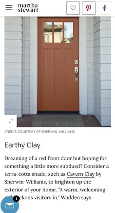 a red front door with the words earthy clay on it and an image of a house