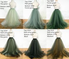 four different types of tulle skirts on mannequins, each in various colors