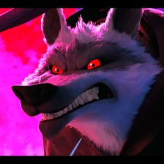 an animated wolf with red eyes and large teeth in a scene from the animated movie rise of the planet