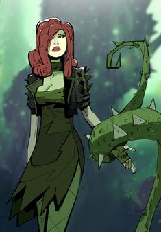 a woman with red hair standing next to a green dragon