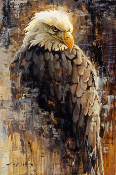 a painting of an eagle with brown and white colors on it's face, sitting in front of a wall