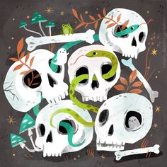 three skulls and two snakes with leaves on them