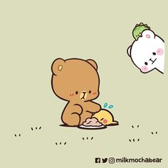 a brown bear sitting on top of a plate next to a white teddy bear eating food