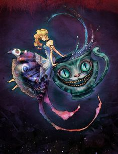 a painting of a mermaid and a cat on top of a teacup with a smiling face