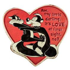 an image of a cat and mouse hugging each other on a heart shaped pin with the words, my little daring it's love at first sight no?