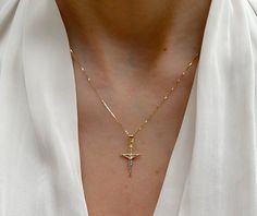 "Minimal 14K Solid Gold Two Tone Crucifix Pendant. Great Gift To Give Yourself And To Others. This Dainty Crucifix Comes With The Option Of A High Quality Box Chain That Feels Very Silky. A Beautiful Gift She Will Treasure Forever! Jewelry Comes In A Cute Gift Box Ready To Present.  Model Is Wearing A 16\" Chain.  -All Jewelry Is New And Inspected For Quality Assurance. -Jewelry Is Crafted In Genuine High Quality 14K Gold. -We Do Not Sell Gold Plated.  Product Detail: Metal: 14k Two Tone Gold  W Catholic Cross Necklace, Gold Crucifix Necklace, Golden Cross, Crucifix Necklace, Minimal Gold, Forever Jewelry, Gold Cross Necklace, Cute Gift Boxes, Classy Jewelry