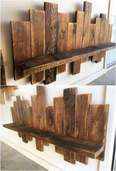 two wooden shelves made out of pallets and some sort of shelf on the wall