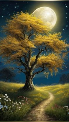a painting of a tree with yellow leaves on it and the moon in the background
