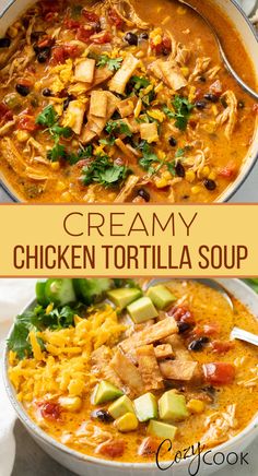 creamy chicken tortilla soup in a white bowl with cilantro, tomatoes, and cheese Gourmet Soup, Homemade Soup Recipe, Crockpot Recipes Beef, Ground Beef Recipes For Dinner, Ground Beef Recipes Easy, Chicken Tortilla Soup