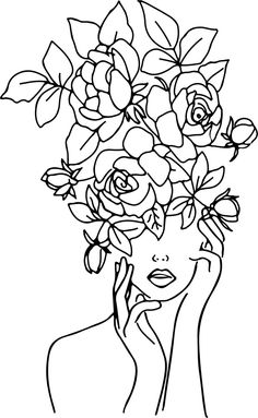 a woman's face with flowers in her hair, and the image is black and white